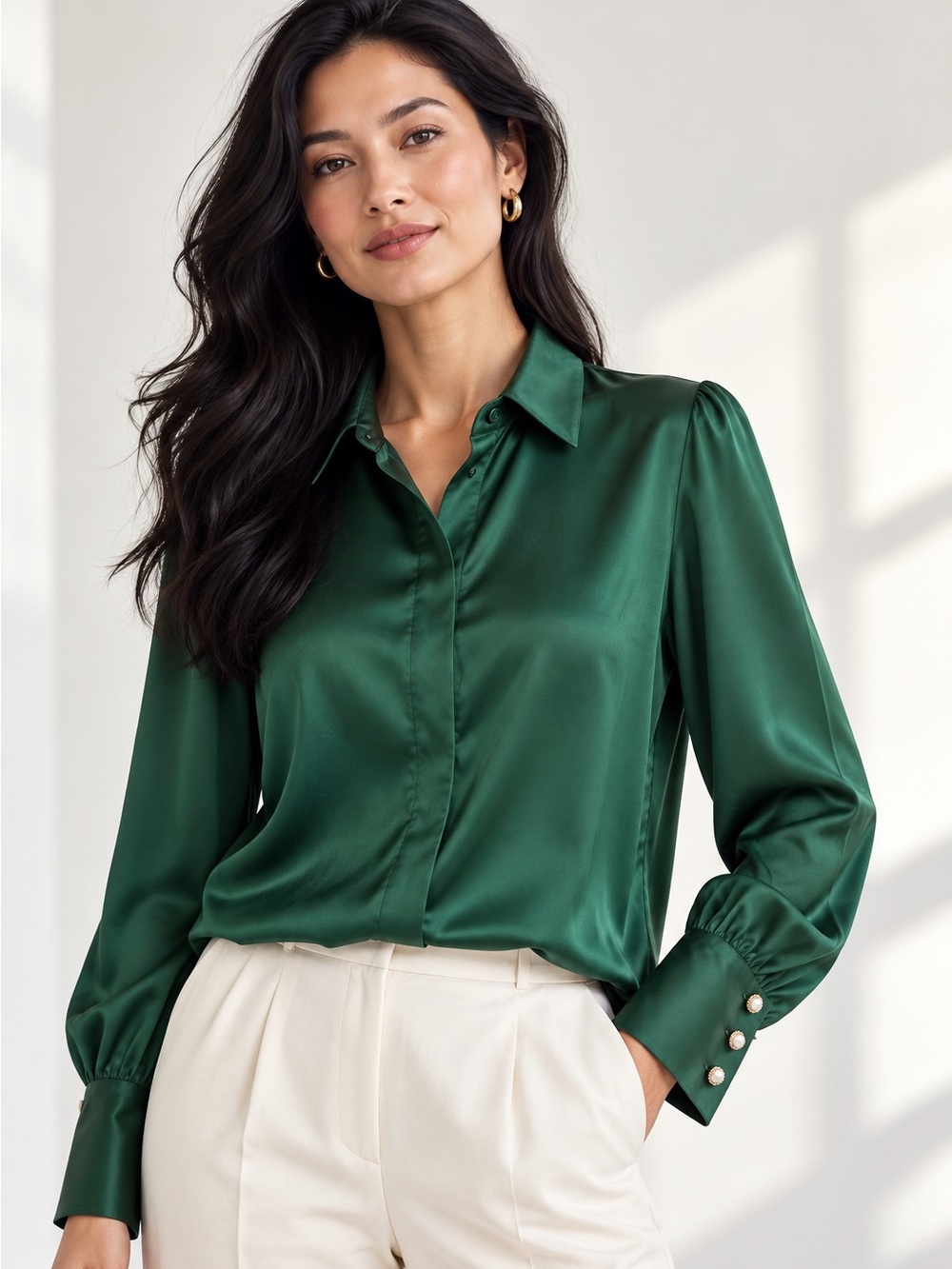 LILYSILK x MIM 100% Mulberry Silk Charmeuse Green Blouse Shirt Sz Small